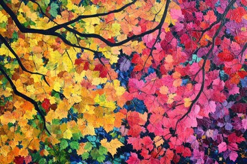 Vibrant autumn leaves in warm and cool tones.