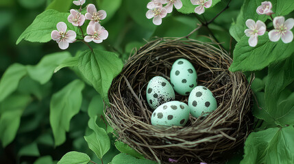 Fototapeta premium Pastel Bird Eggs in a Nest: A Springtime Symphony of Nature's Beauty