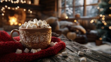 Cozy Winter Hot Chocolate With Marshmallows By Fireplace