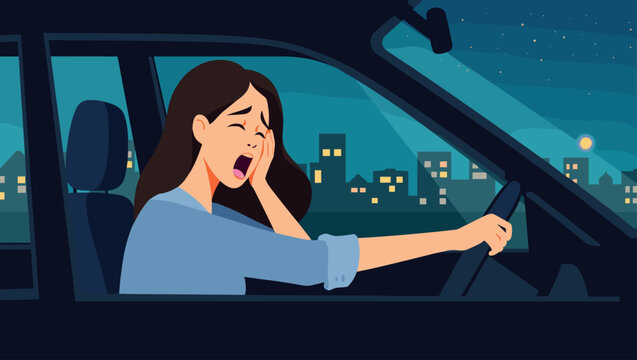 Nighttime Driving Drowsiness: A Young Woman's Struggle Against Fatigue in the City - Vector Illustration for Safety Campaigns and Driver Awareness Programs - Powered by Adobe