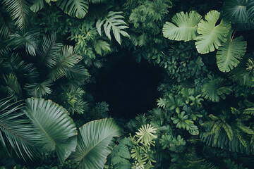 Aerial view of dense tropical foliage surrounding a dark central void area
