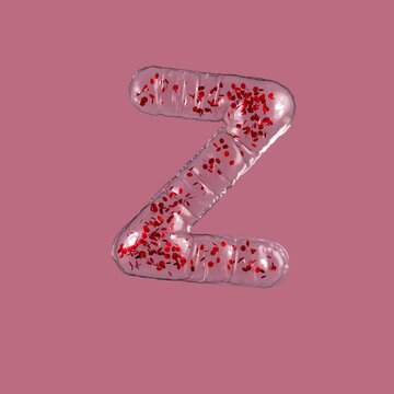 3d animation of a transparent letter Z inflating balloon with red confetti on alpha channel