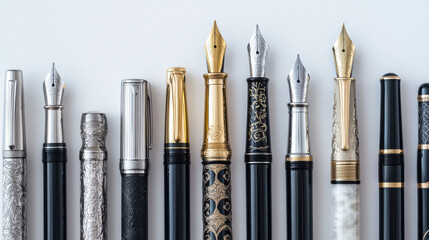 A variety of elegantly designed fountain pens with different nib styles