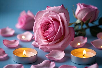 Serene Pink Rose Petals and Illuminated Tealights on Gentle Blue Backdrop