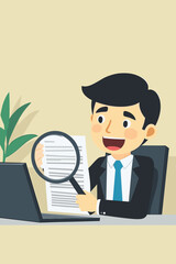 Obraz premium Cartoon HR Manager Scrutinizing Resume with Magnifying Glass - Hiring Process, Recruitment, Employment, Vector Graphic, Office Setting, Reviewing Applications, Career Opportunity