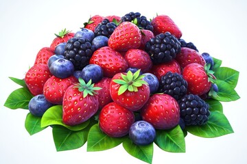 Obraz premium Fresh strawberries, blueberries, blackberries pile, green leaves, white background, food photography