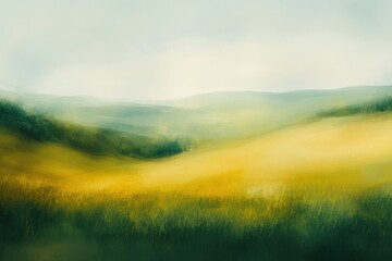 Obraz premium Serene rolling hills landscape, sunlit meadow, misty background, idyllic nature scene