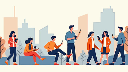 Naklejka premium Vibrant Urban Connection: Modern Young People Engaged with Smartphones and Tablets in the City, Seamless Communication and Shared Experiences Vector Illustration