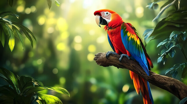 Vibrant Parrot on Branch with Tropical Greenery