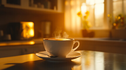 Fototapeta premium Warm coffee cup sits on a sunlit table in a cozy kitchen during morning hours