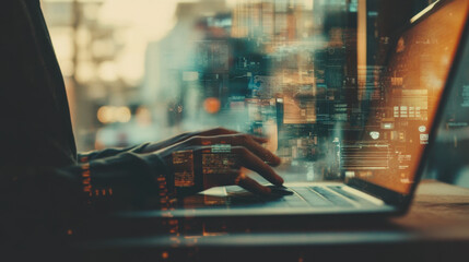 Data analysis and programming in a modern workspace with digital interface and analytics overlay