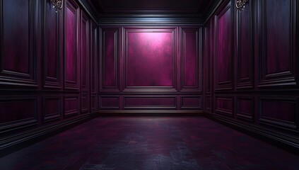 Vintage Dark Purple Wallpaper with Burgundy Trim and Wooden Floor – Low-Angle Interior View