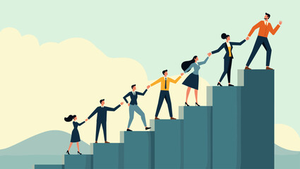 Business Teamwork Ascending Stairs to Success: Diverse Professionals Helping Each Other Climb the Ladder in Cooperative Partnership for Career Growth & Achieving Goals