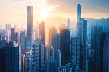 Obraz premium Explore a hypnotic city of the future where radiant skyscrapers blend with solar energy, igniting limitless possibilities. 