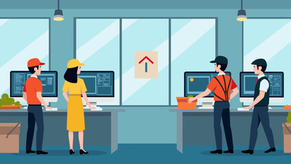 Obraz premium Retail Security Operations Team Monitoring CCTV Footage in Bright Modern Control Room, Security Guards Working, Vector Illustration, Ensuring Store Safety and Loss Prevention.