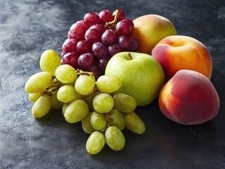 Fresh fruit still life apples, grapes, peaches on dark surface, healthy food