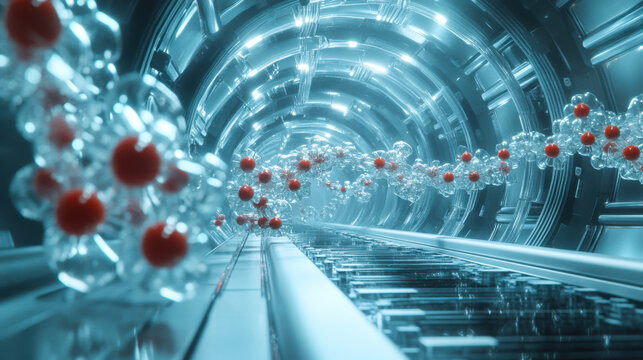 Colorful molecules interact along a futuristic tunnel showcasing advanced scientific exploration in a laboratory