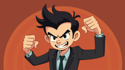 Scheming Cartoon Businessman: Vector Portrait of Young Professional with Vengeful Grin Planning Ambitious Power Play, Devious Character Illustration for Comic, Game, or Design Project