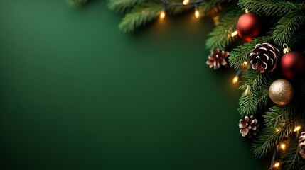 Festive Christmas Background: Green, Ornaments, and Lights