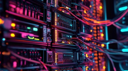 Fototapeta premium Server rack with vibrant neon lights, intricate hardware, data center. Possible use stock photo for technology, data, or network concepts