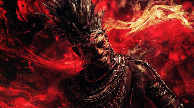 A powerful and highly detailed image of Eshu on the right hand of the image, depicted as a divine trickster with an enigmatic smile, wearing elaborate tribal attire, surrounded by swirling energy, dee
