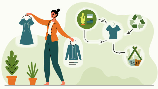 Woman Promoting Clothes Recycling: Eco-Friendly Fashion Cycle, Donate, Reuse, Reduce Waste, and Support Sustainable Living, Circular Economy for Garments and Apparel, Textile Donation