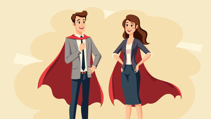 Empowered Business Duo: Confident Businessman and Businesswoman in Flowing Red Capes Ready to Conquer Challenges, Perfect for Leadership, Teamwork, and Success Concepts