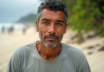 Fototapeta premium A relaxed, mature man with salt-and-pepper hair and beard, gazing calmly at the camera on a beach.