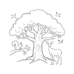 Woodland Tree Animals Vector: Detailed Deer Squirrel Illustration for Art Projects
