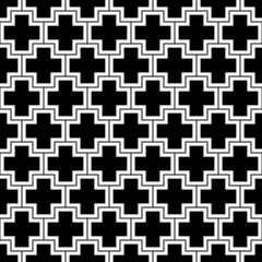 Repeated black figures and lines on white background. Crosses wallpaper. Seamless surface pattern design with polygons. Mosaic motif. Digital paper for page fills, web designing, textile print. Vector