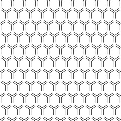 Repeated black interlocking broken hexagons contours on white background. Seamless surface pattern design with bee combs. Hexagonal grid. Honeycomb wallpaper. Three pronged star blocks. Angle brackets