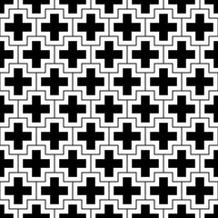 Repeated black figures and lines on white background. Crosses wallpaper. Seamless surface pattern design with polygons. Mosaic motif. Digital paper for page fills, web designing, textile print. Vector