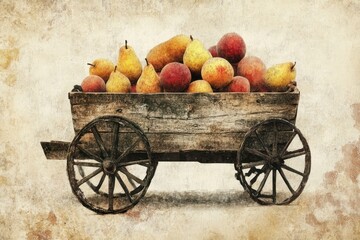 Vintage fruit cart with pears and peaches, rustic background, still life, stock photo