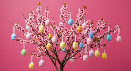 Stylish background with colorful easter eggs hanging on blooming plum tree isolated on pink background