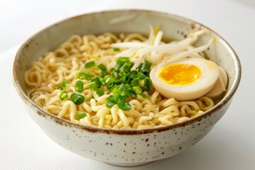 Steaming bowl of ramen with scallions on white background. AI generated.