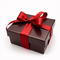 Obraz premium Elegant Dark Brown Gift Box with Glossy Finish, Adorned with a Vibrant Red Satin Ribbon and Bow, Presented on a Clean White Background