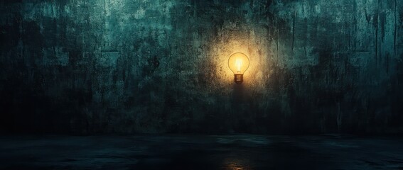 Fototapeta premium Glowing bulb on dark wall, grunge background, idea concept