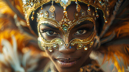 Close Up Portrait Of Woman Wearing Elaborate Golden Carnival Mask