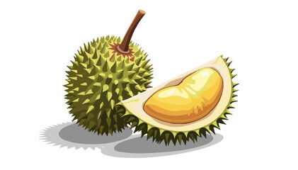 Obraz premium Cartoon whole and sliced ​​durian with prickly surface in modern vector style with bright appeal on transparent background.