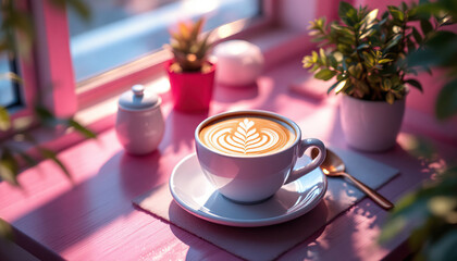 Obraz premium A beautifully decorated cup of coffee on a pink surface