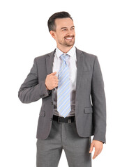 Smiling businessman in suit on white background