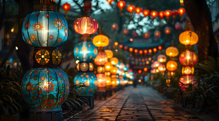 Obraz premium Colorful Lanterns Illuminate Night Path