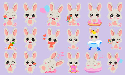 Fototapeta premium Cute bunny characters with hearts, flowers, balloons, donut and carrot on a purple background. Ideal for kids designs, prints, stickers, greeting cards and animal themed project