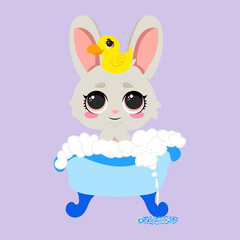 Adorable bunny taking a bath with a rubber duck on its head. Cute and playful illustration perfect for baby shower designs, nursery decor, greeting cards, and children’s prints