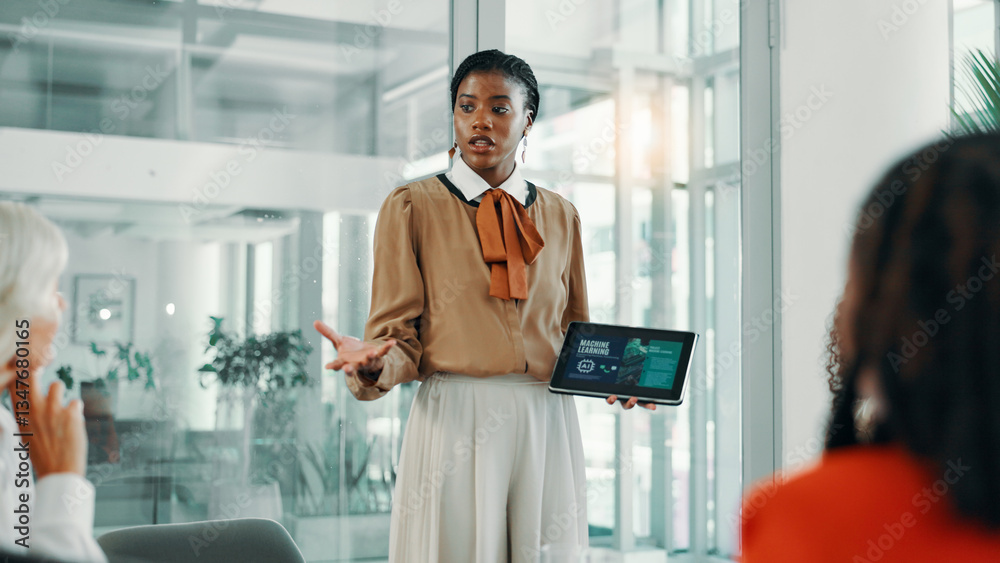 Poster presentation, screen and women with tablet, boardroom and robotic process automation or colleagues. 