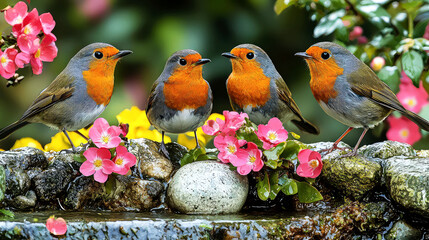 Fototapeta premium Four Robins in a Garden Oasis: A Springtime Symphony of Color