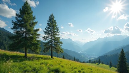 Summer alpine landscape with green meadow two pine trees. Forest mountain background, sunny day, blue sky, clouds. Peaceful nature scene, serene environment, beautiful scenery.
