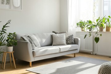 Fototapeta premium A bright living room featuring a grey sofa and houseplants