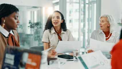 Fototapeta premium Documents, meeting and review with business women in boardroom of office for planning or strategy. Collaboration, discussion and schedule with employee team in workplace for feedback or proposal