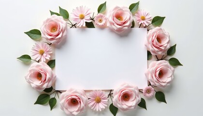 Floral frame with pink roses and daisies on white background with copy space
